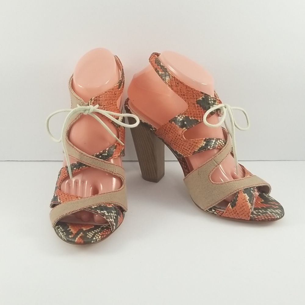 Plenty by Tracy Reese Annie Orange Snakeskin Canvas Lace Up Block Heel Sandal 40